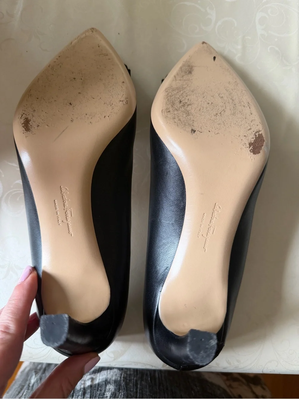 Salvatore Ferragamo Black Pointed Toe Pumps with Vara Bow and Gold Accent